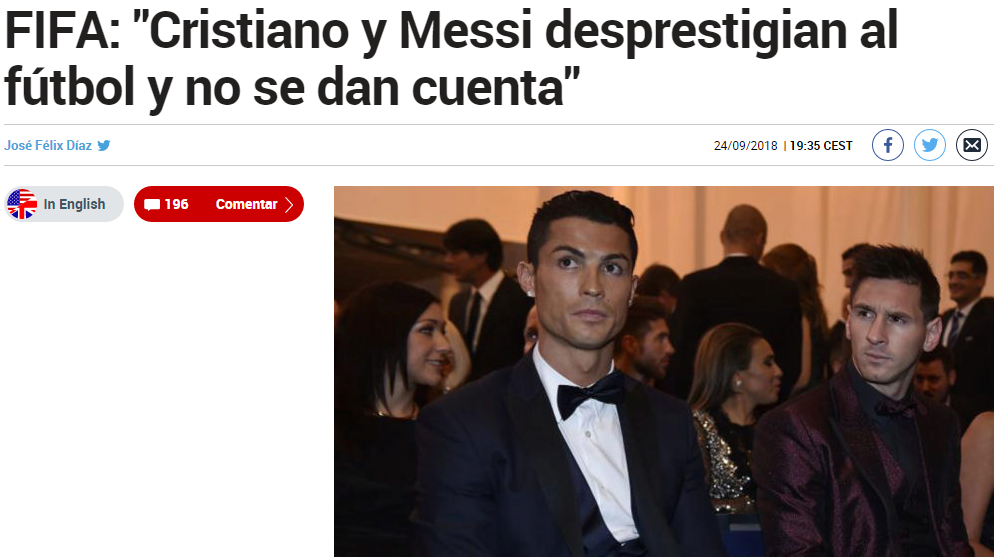 FIFA官員:C羅梅西不該缺席頒獎(jiǎng)禮 他們損害了足球